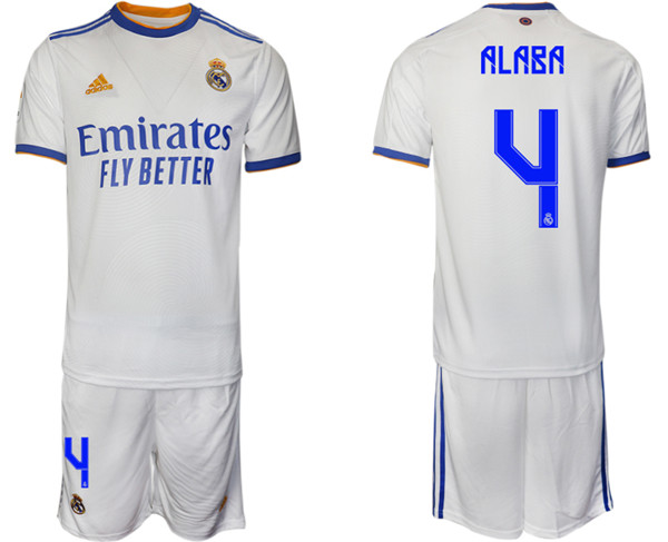 Men's Real Madrid #4 David Alaba 2021/22 White Home Soccer Jersey Suit Men's Real Madrid #4 David Alaba 2021/22 White Home Soccer Jersey Suit